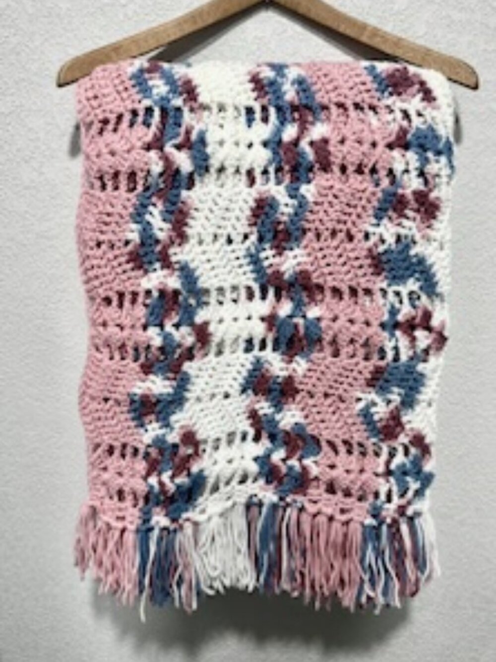 Handknit Crochet Afghan Throw Blanket Fringe Lacy Ripple Multicolor 45inx68in